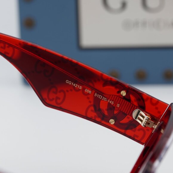 Gucci GG1421S 006 Geometric Sunglasses - Transparent Red with GG Pattern/Brown main image 6